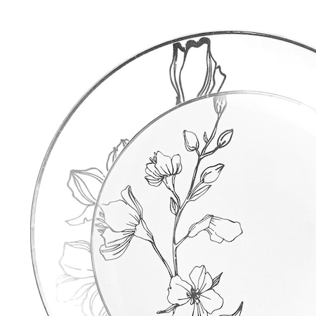 Smarty Had A Party White w/Silver Antique Floral Round Plastic Dinnerware Set, 120 Dinner Plates, 120 Salad Plates, 240PK 920WHSVP-CASE